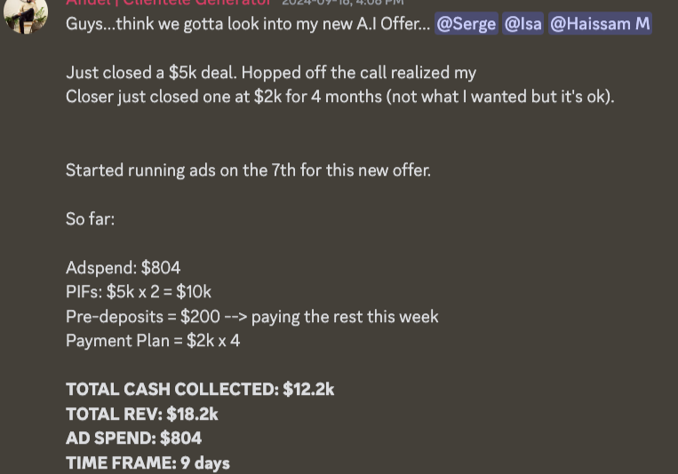 Discord message: new AI offer, $12.2K cash collected on $804 ad spend in 9 days