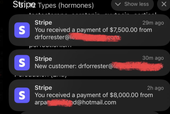 Stripe payment notifications for $7,500 and $8,000